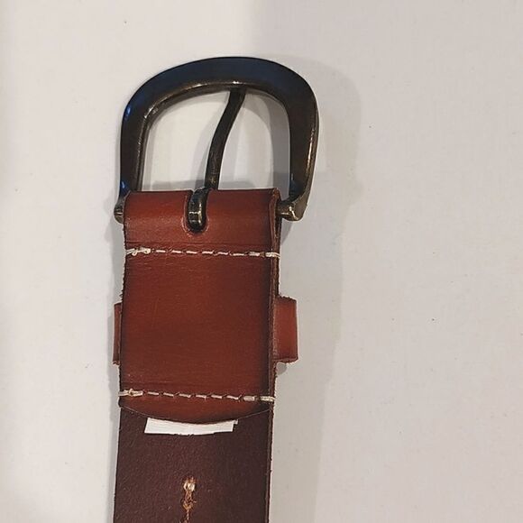 Brown Leather Tri-Metal Studded Belt Brass Buckle - Picture 6 of 7